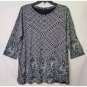 Lucky Brand Paisley Print Boho Tunic 3/4 Sleeve Top Women's 1X Black